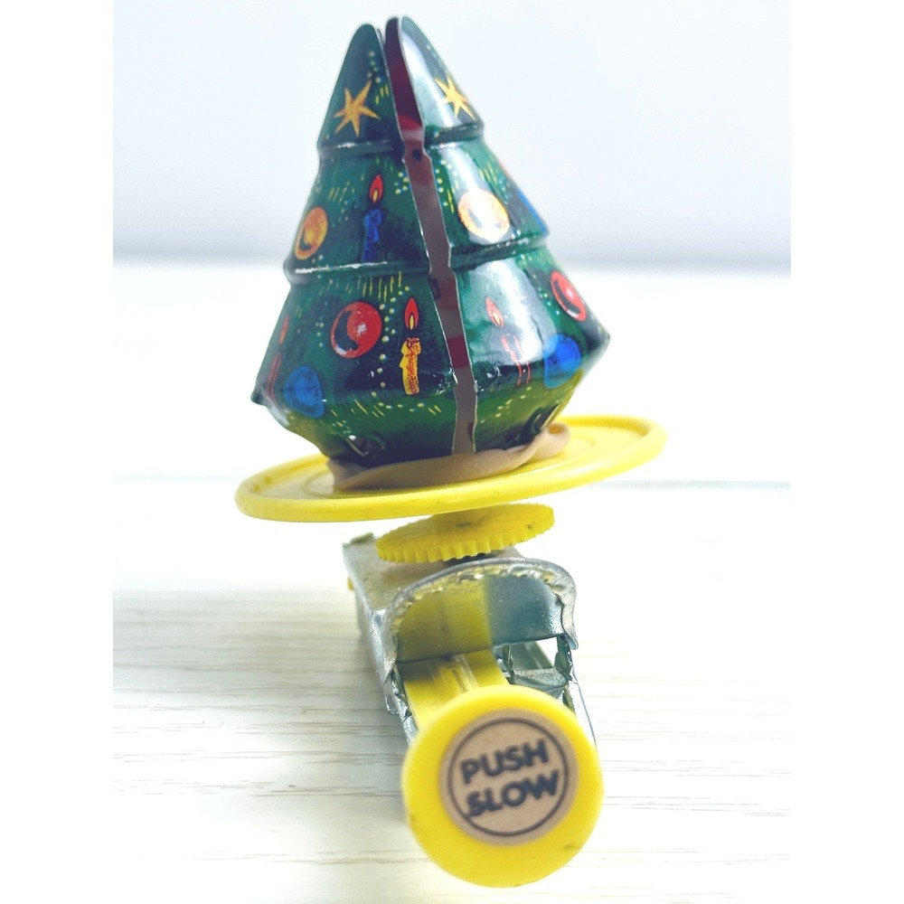 Vintage Tin Litho Spinning Christmas Tree w/Hidden Santa Push Spinner Toy Japan - Picture 2 of 4